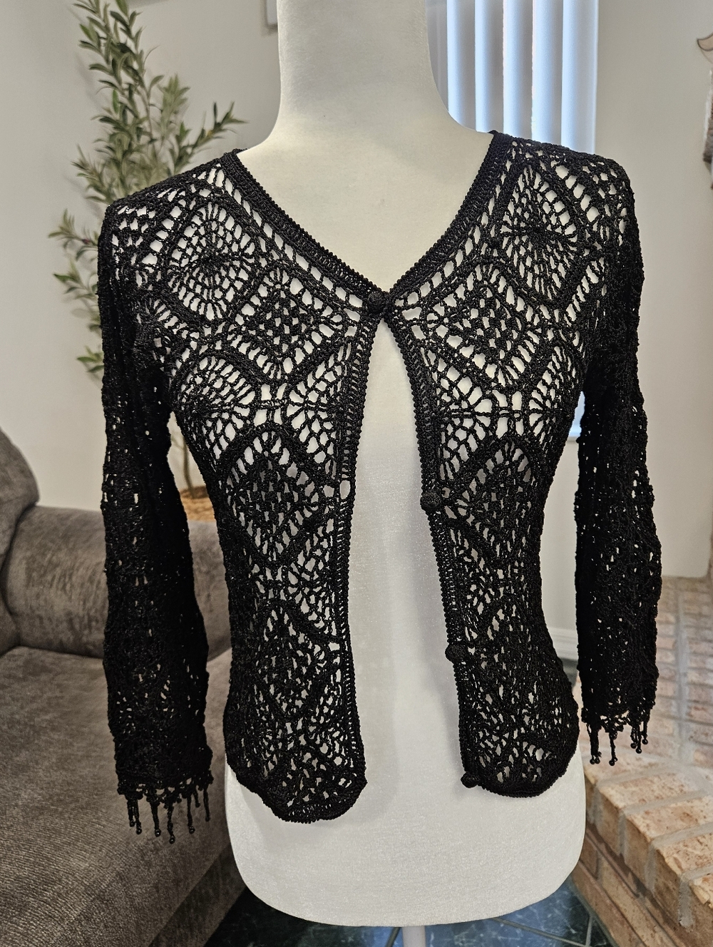 Vintage Crochet BEADED Cardigan Black Womens SMALL BOHO
